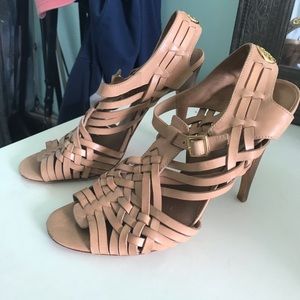 Light brown Tory Burch strappy woven heels